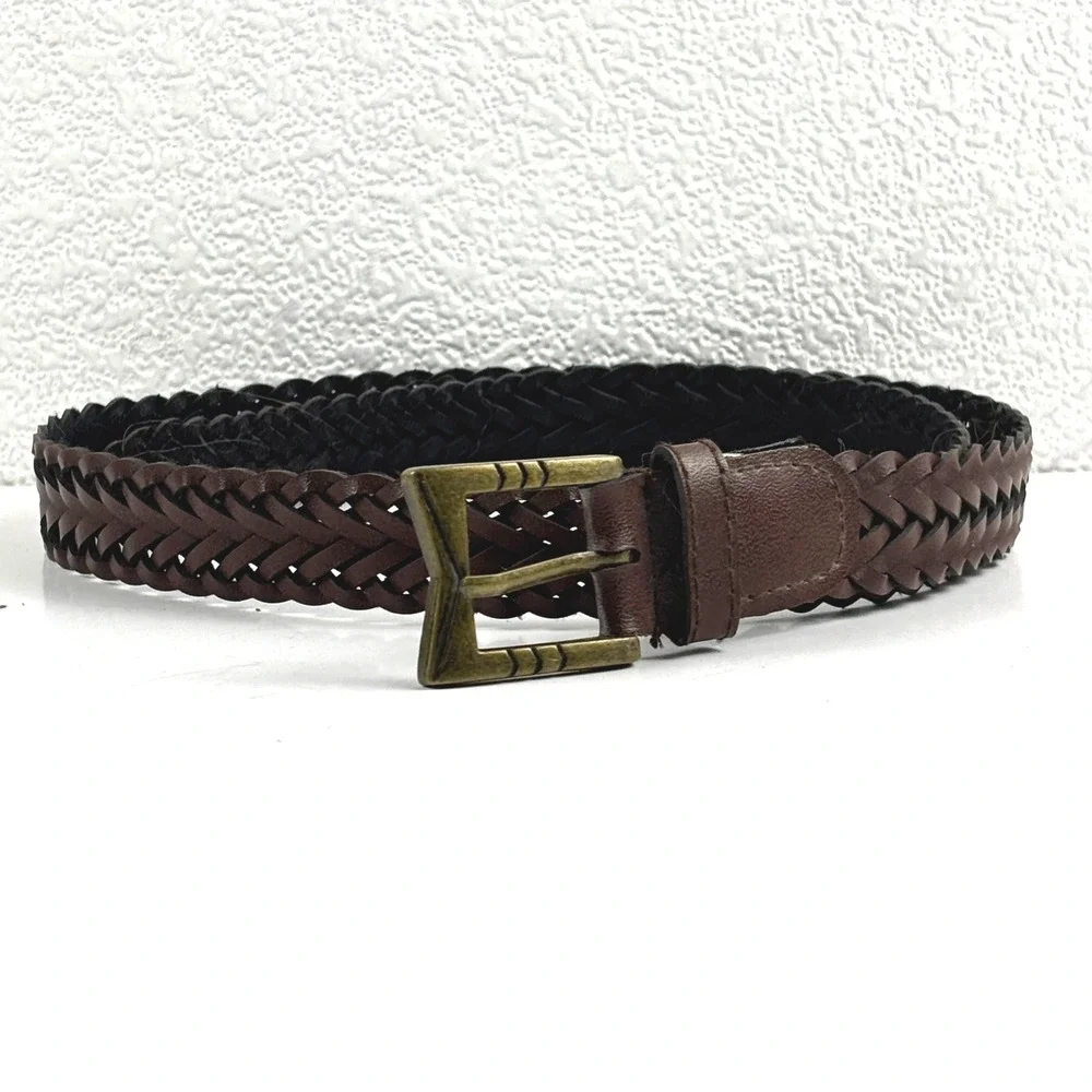 Braided Belt Unisex 34 Brown Woven Vegan Leather Bronze Buckle Classic Western